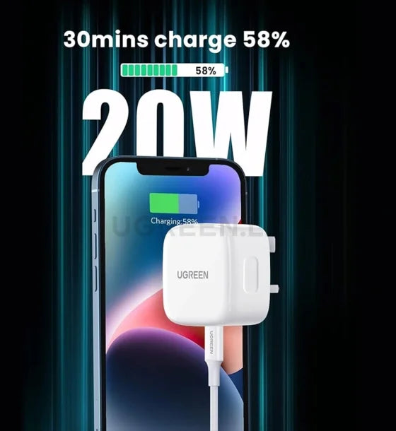 UGREEN 20W Type-C GaN Fast Charging Adapter UK (White)- CD137 – 60451 – 1 Year Warranty