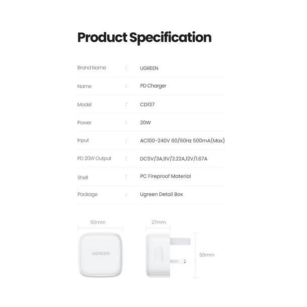UGREEN 20W Type-C GaN Fast Charging Adapter UK (White)- CD137 – 60451 – 1 Year Warranty